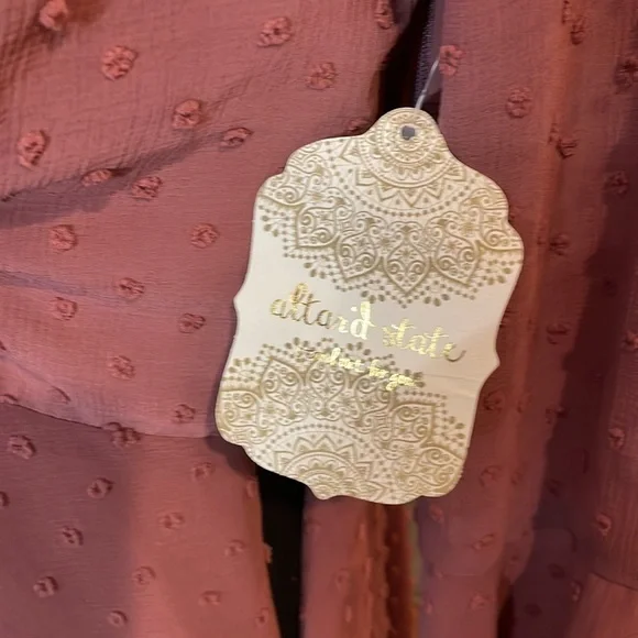 Altar’d State “Gigi” Dress. Chiffon Dots Sheath Dress W/Bell sleeves. Berry - Picture 9 of 12